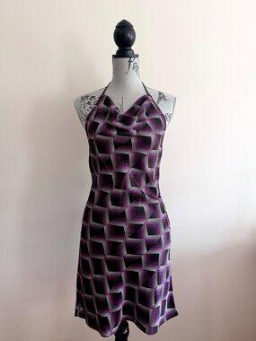 Y2K Purple Geometric Cowl Neck Backless Halter Dress